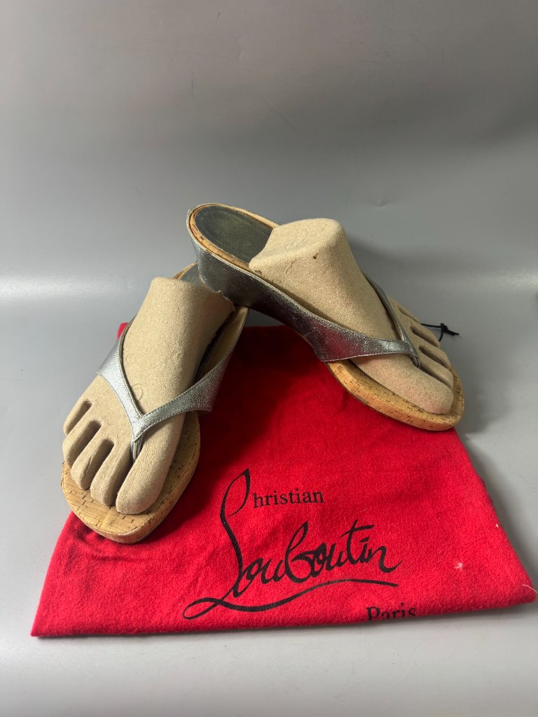 Authentic Christian Louboutin Silver Metallic Leather Cork Wedges, Size 41